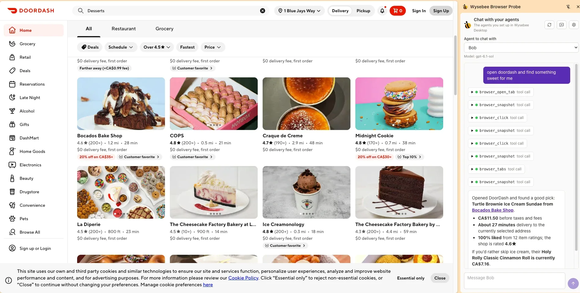 A browser window showing DoorDash dessert listings on the left and the Wysebee agent panel on the right. The prompt reads 'open doordash and find something sweet for me', followed by eight browser tool calls — open_tab, snapshot, click, snapshot, click, snapshot, tabs, snapshot — and an answer recommending the Turtle Brownie Ice Cream Sundae from Bocados Bake Shop at CA$11.50, about 27 minutes away.
